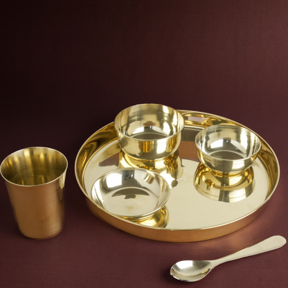 Plain Kansa Thali Set 6Pcs - 1 Thali, 1 Glass, 2 Bowls, 1 Chutney Bowl, 1 Spoon - Approx Weight (1610gm)