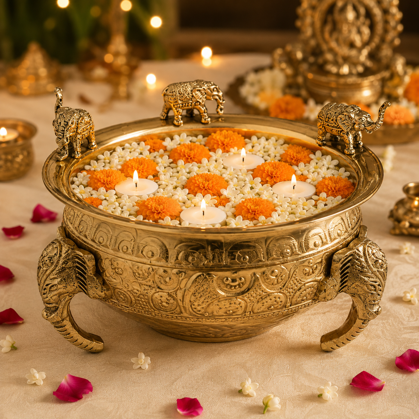 Elephant Carving Urali Bowl 6" | 570 gm Decorative Brass Bowl & Platter | Home Decor, Pooja & Gifting | Brass | Gold