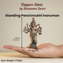 Standing Panchmukhi Hanuman 270gm | 5-Inch Handmade Copper Idol | Patina Antique Finish | Hanuman Murti for Pooja Ghar |