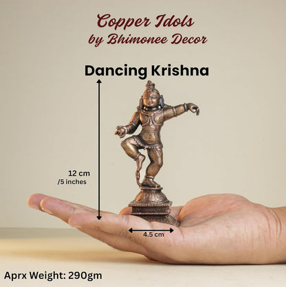Dancing Krishna | 12 cm | 290gm Handmade Copper Idol | Antique Patina Finish | Lord Krishna Murti Statue | Pooja Mandir Home Decor Showpiece
