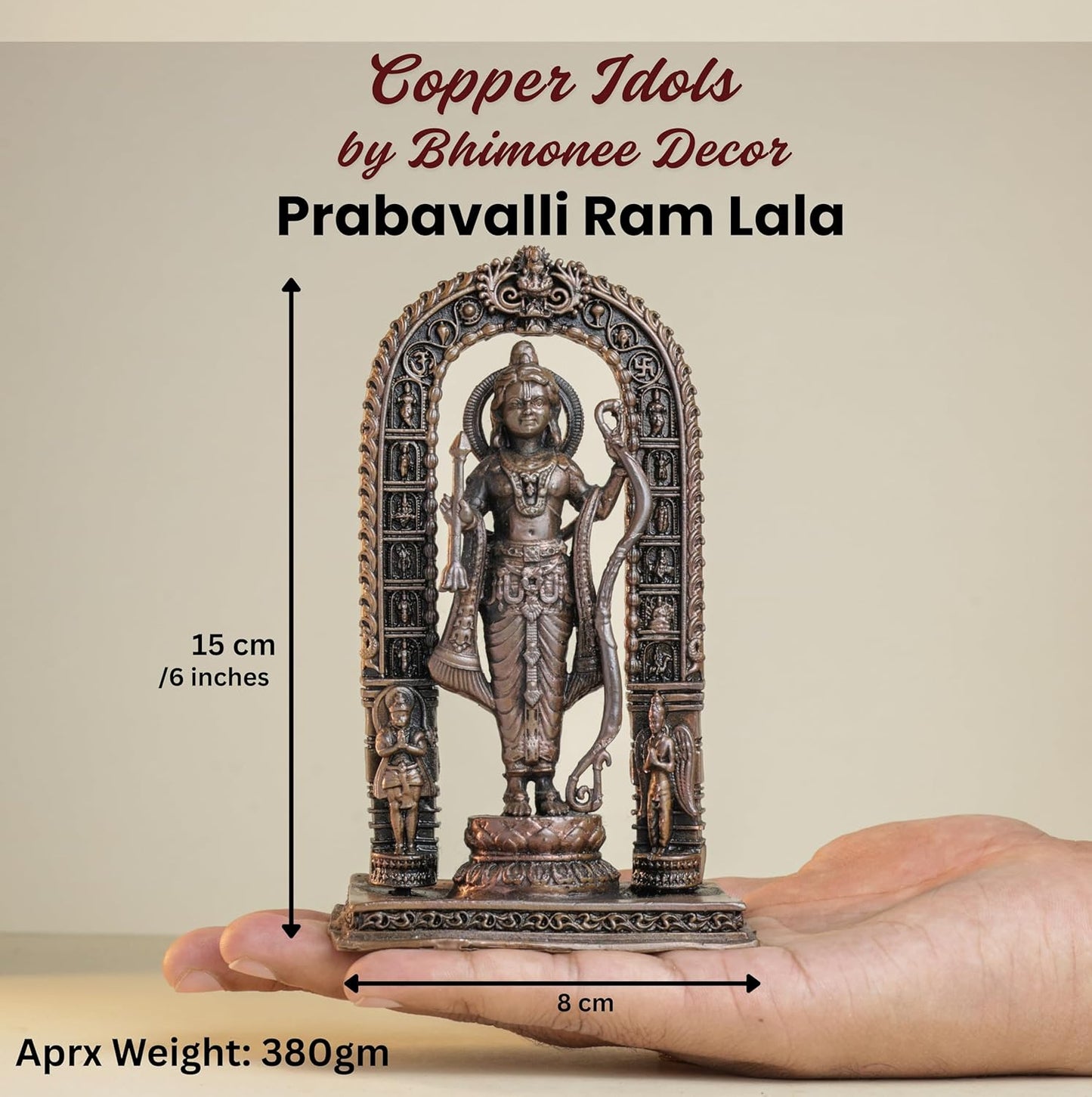 Prabavalli Ram Lala | 15 cm | 380gm Handmade Copper Idol | Antique Patina Finish | Lord Ram Murti Statue