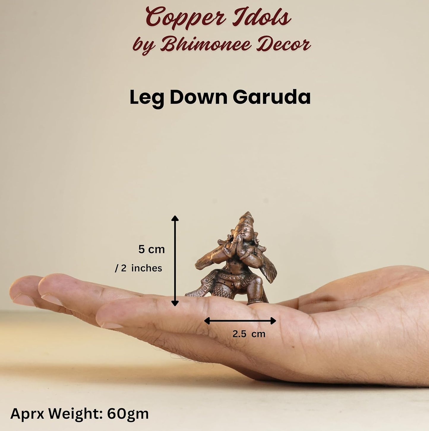 eg Down Garuda | 2 Inch/60 gm Handmade Copper Idol | Mini Garuda Murti for Pooja | Home Temple & Car Dashboard Decor