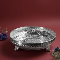 Fruit Elephant Stand Plate for Pooja | Silver Finish Decorative Serving & Offering Tray | Traditional Temple Home Mandir Festive Decor | 22.6 cm Diameter