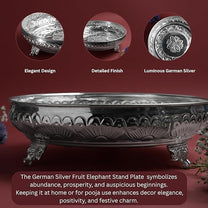 Fruit Elephant Stand Plate for Pooja | Silver Finish Decorative Serving & Offering Tray | Traditional Temple Home Mandir Festive Decor | 22.6 cm Diameter