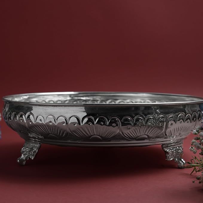 Fruit Elephant Stand Plate for Pooja | Silver Finish Decorative Serving & Offering Tray | Traditional Temple Home Mandir Festive Decor | 22.6 cm Diameter