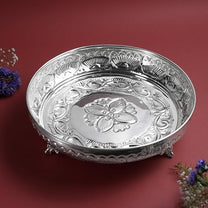 Fruit Elephant Stand Plate for Pooja | Silver Finish Decorative Serving & Offering Tray | Traditional Temple Home Mandir Festive Decor | 22.6 cm Diameter