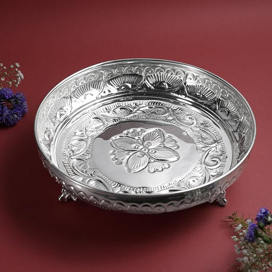 Fruit Elephant Stand Plate for Pooja | Silver Finish Decorative Serving & Offering Tray | Traditional Temple Home Mandir Festive Decor | 22.6 cm Diameter