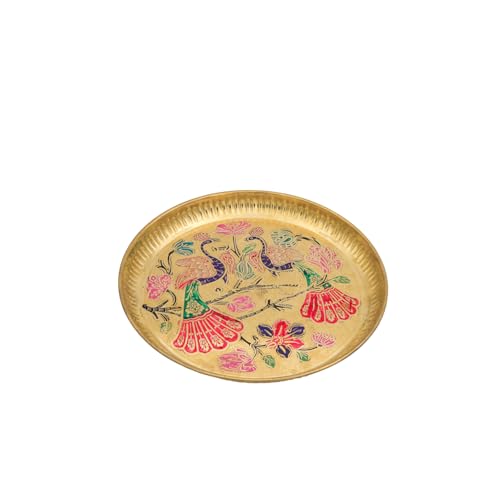 Multicolor Meenakari Brass Puja Thali | Handcrafted Pooja Thali with Peacock & Floral Artwork
