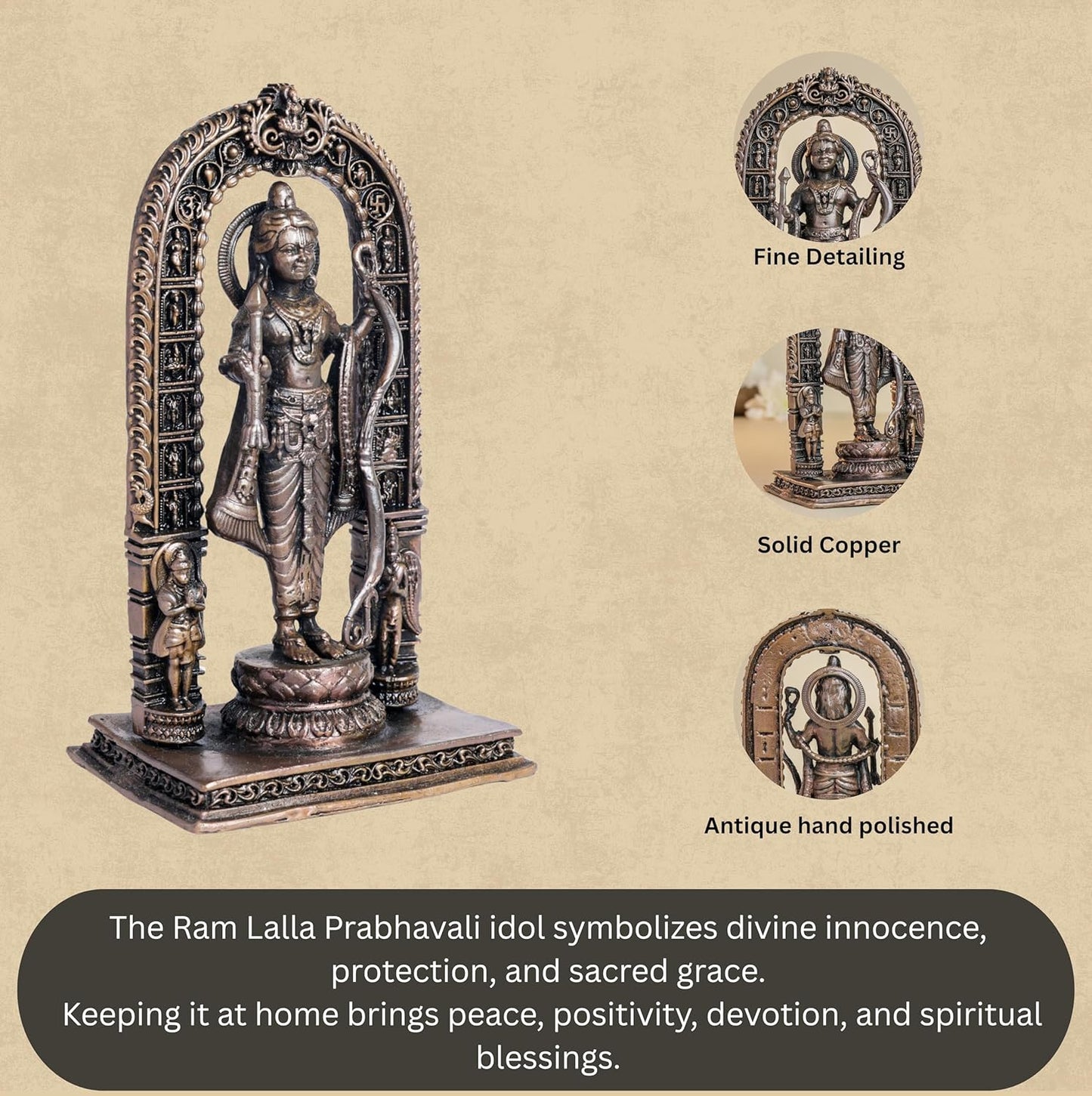 Prabavalli Ram Lala | 15 cm | 380gm Handmade Copper Idol | Antique Patina Finish | Lord Ram Murti Statue