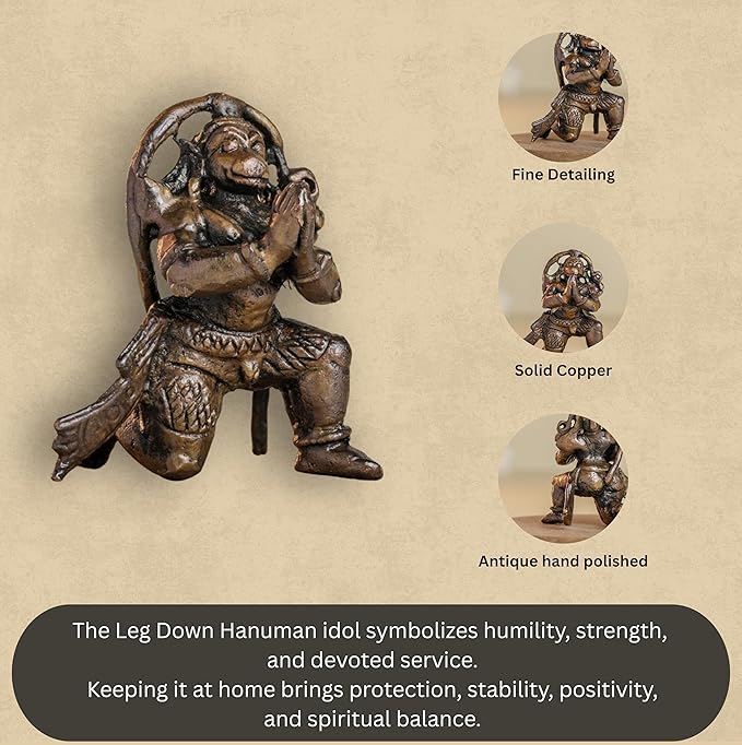 Leg Down Hanuman 50gm | 1.5-Inch Handmade Copper Idol | Patina Antique Finish | Hanuman Murti for Pooja