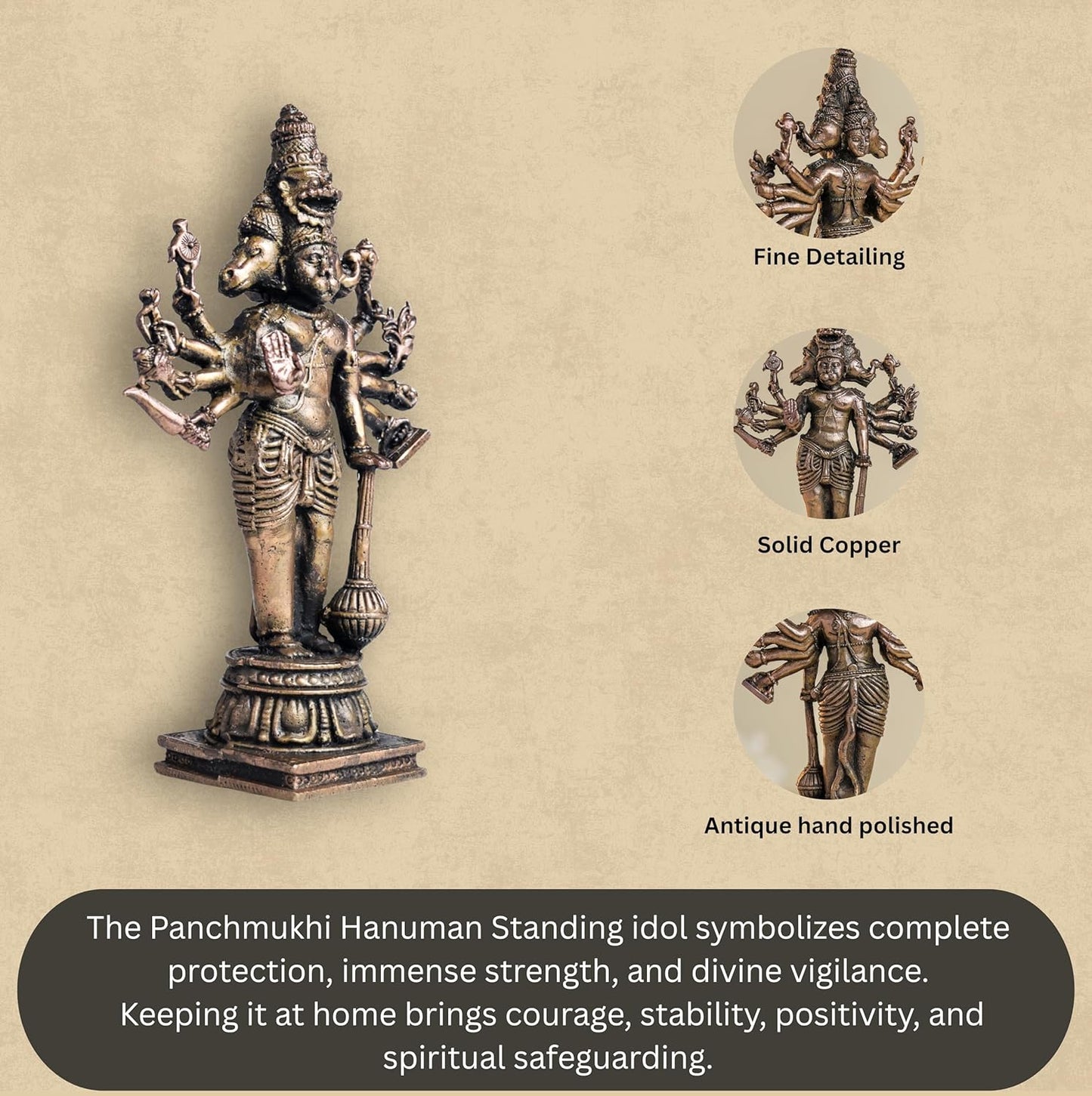 Standing Panchmukhi Hanuman 270gm | 5-Inch Handmade Copper Idol | Patina Antique Finish | Hanuman Murti for Pooja Ghar |
