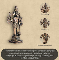Standing Panchmukhi Hanuman 270gm | 5-Inch Handmade Copper Idol | Patina Antique Finish | Hanuman Murti for Pooja Ghar |
