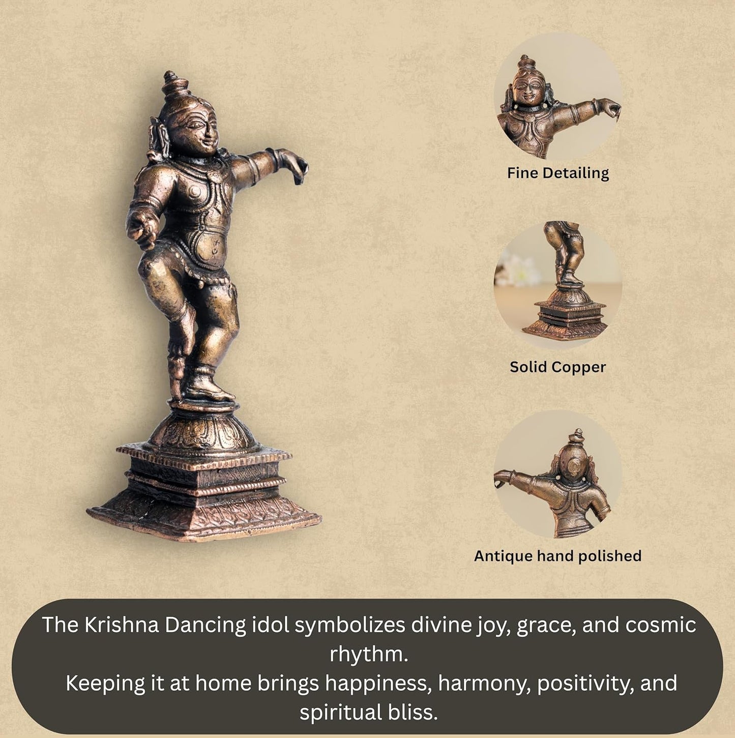 Dancing Krishna | 12 cm | 290gm Handmade Copper Idol | Antique Patina Finish | Lord Krishna Murti Statue | Pooja Mandir Home Decor Showpiece
