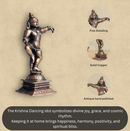 Dancing Krishna | 12 cm | 290gm Handmade Copper Idol | Antique Patina Finish | Lord Krishna Murti Statue | Pooja Mandir Home Decor Showpiece