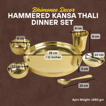 Hammered Kansa Thali Set 6Pcs - 1 Thali, 1 Glass, 2 Bowls, 1 Chutney Bowl, 1 Spoon - Approx Weight (1600gm)