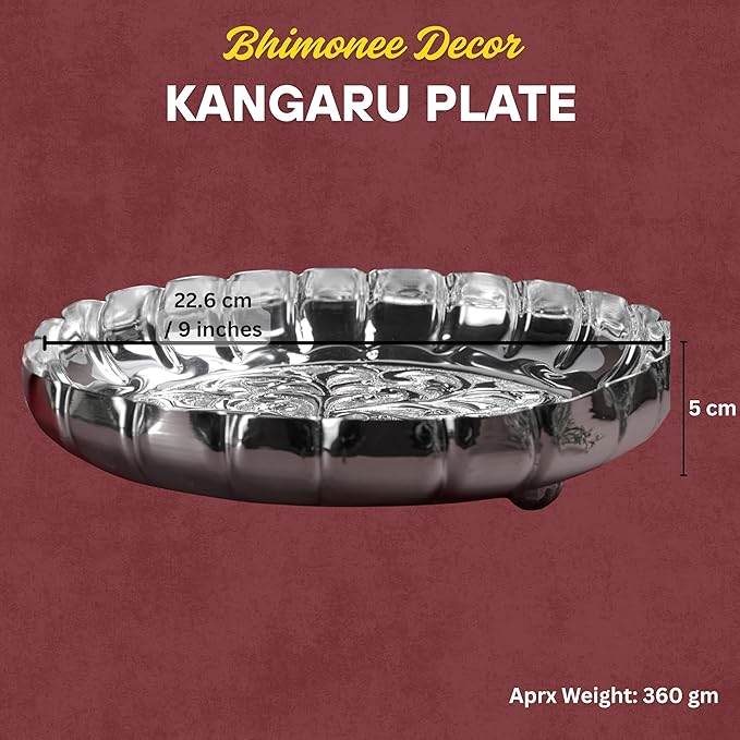 Etching Halwa Plate for Pooja & Serving | Silver Finish Decorative Sweet Prasad Plate | Traditional Temple Home Mandir Festive Use | Size 22.6 cm Diameter