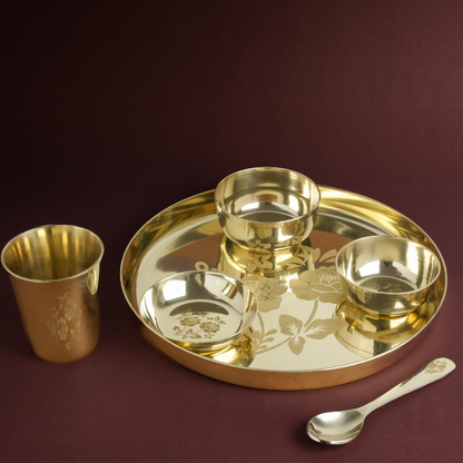 Flower Kansa Thali Set 6Pcs - 1 Thali, 1 Glass, 2 Bowls, 1 Chutney Bowl, 1 Spoon - Approx Weight (1875gms)