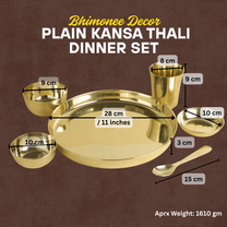 Plain Kansa Thali Set 6Pcs - 1 Thali, 1 Glass, 2 Bowls, 1 Chutney Bowl, 1 Spoon - Approx Weight (1610gm)