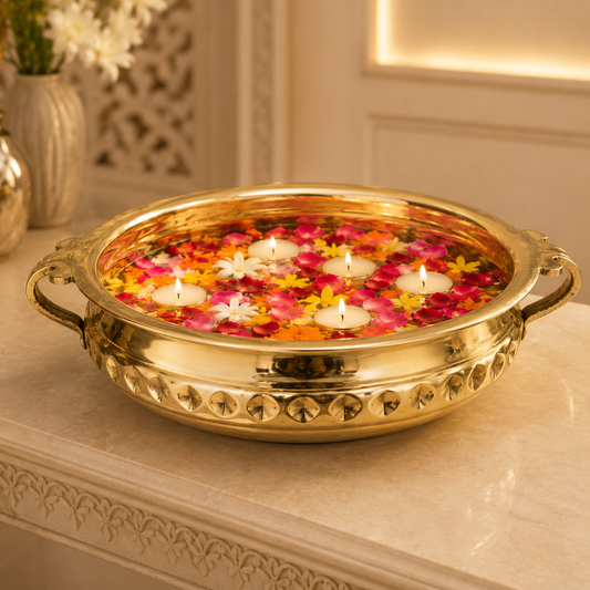 Diamond Carving Urali Bowl 10" | 740 gm Decorative Brass Bowl & Platter | Home Decor, Pooja & Gifting | Brass | Gold