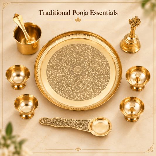 Engraved Brass Puja Thali Set | 8 Pcs Designer Plate with Floral Carvings, Diya, Kalash, Bell, Bowls & Spoon