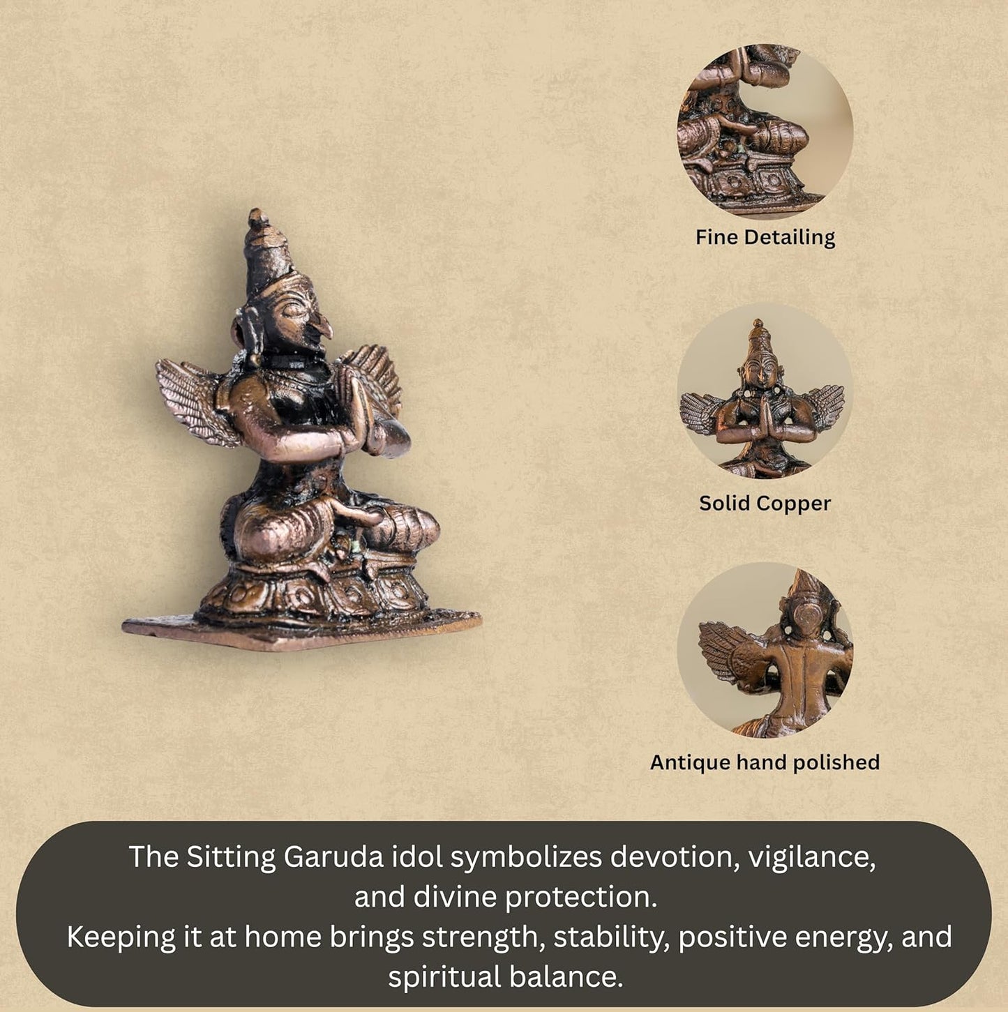 Sitting Garuda 120gm | 2-Inch Handmade Copper Idol | Patina Antique Finish | Garuda Murti for Pooja Ghar