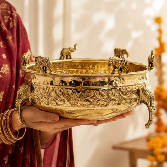 Elephant Carving Urali Bowl 10" | 1180 gm Decorative Brass Bowl & Platter