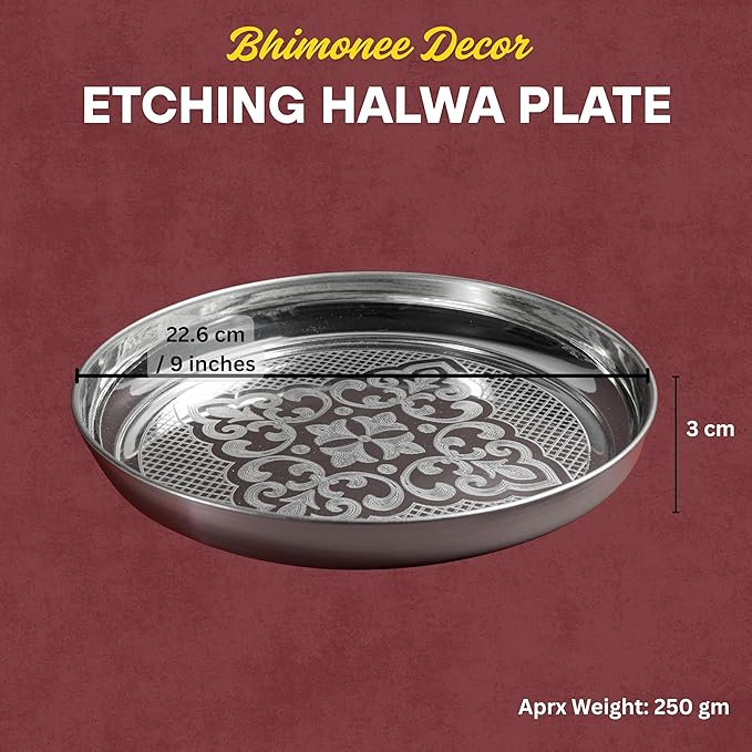 Etching Halwa Plate for Pooja & Serving | Silver Finish Decorative Sweet & Prasad Plate | Traditional Temple Home Mandir Festive Use | 22.6 cm Diameter