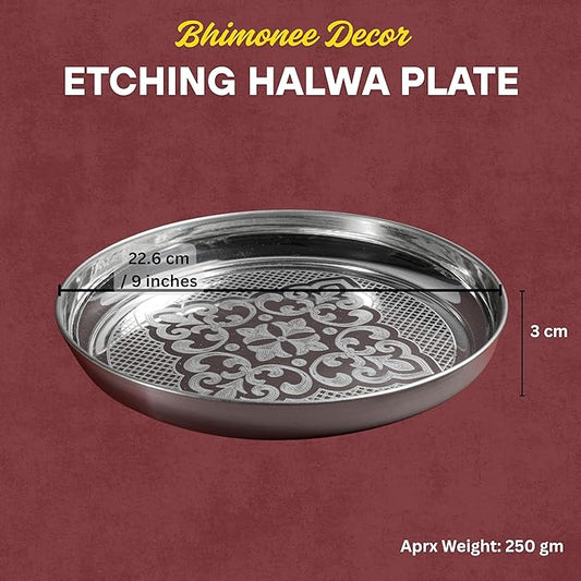 Etching Halwa Plate for Pooja & Serving | Silver Finish Decorative Sweet & Prasad Plate | Traditional Temple Home Mandir Festive Use | 22.6 cm Diameter