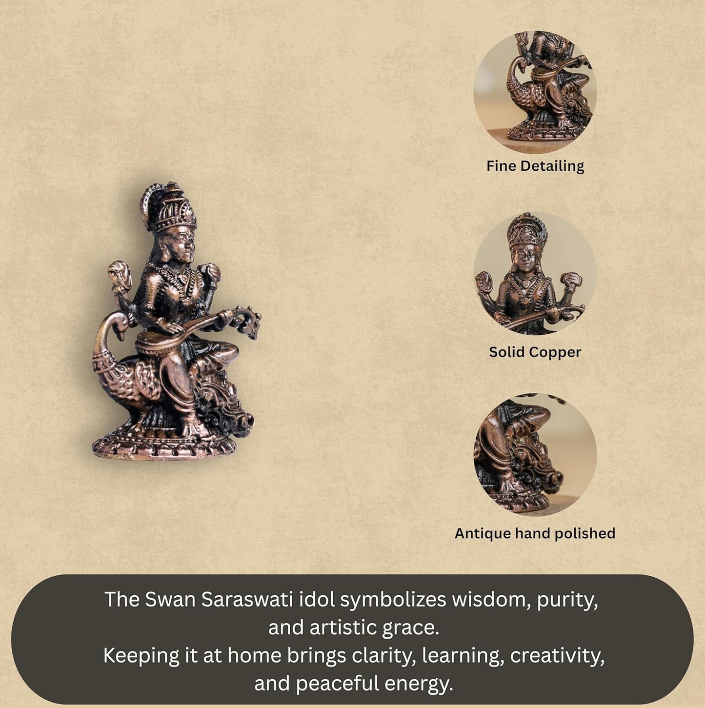 Swan Saraswati 90gm | 2-Inch Handmade Copper Idol | Patina Antique Finish | Saraswati Devi Murti for Pooja Ghar
