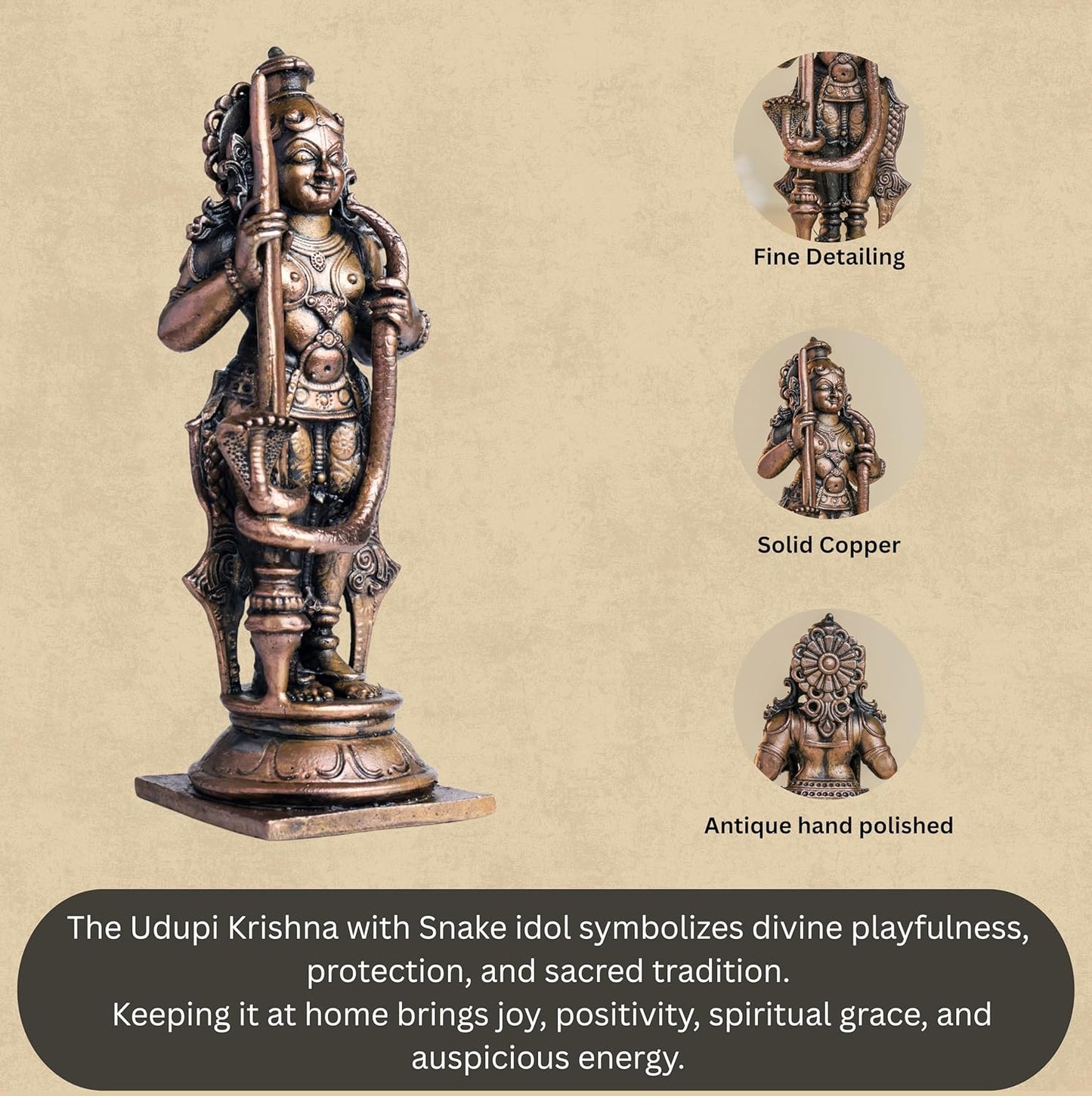 Udupi Krishna with Snake | 12 cm | 410gm Handmade Copper Idol | Antique Patina Finish | Lord Krishna Murti Statue | Pooja Mandir Home
