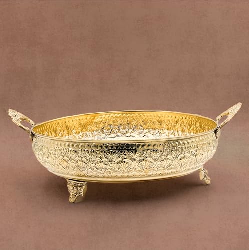 Mughal Carving Fruit Bowl Handle 10"inch | 640 gm Decorative Serving Tray & Platter