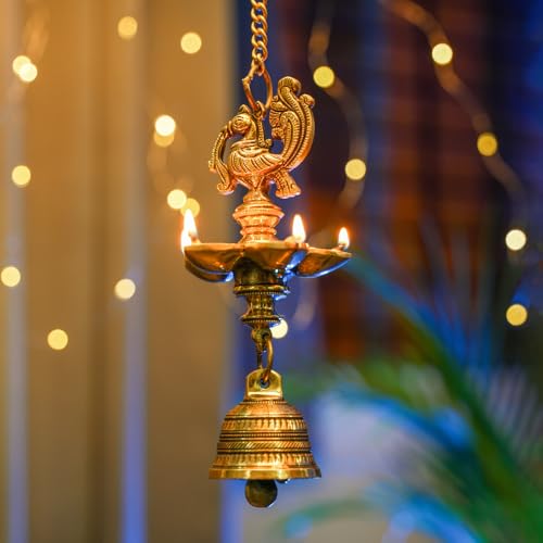 Brass Peacock Hanging Diya with Bell | 5-Wick | Antique Finish | Pack of 1