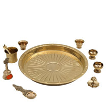 Brass Puja Thali Set | 8 Pcs Gold Polish Plate with Kalash, Diya, Bell, Spoon & Bowls