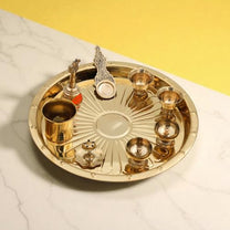 Brass Puja Thali Set | 8 Pcs Gold Polish Plate with Kalash, Diya, Bell, Spoon & Bowls