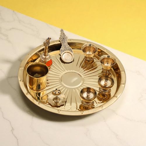 Brass Puja Thali Set | 8 Pcs Gold Polish Plate with Kalash, Diya, Bell, Spoon & Bowls