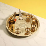 Brass Puja Thali Set | 8 Pcs Gold Polish Plate with Kalash, Diya, Bell, Spoon & Bowls