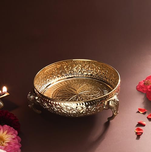 Carving Elephant Plate 8"inch | 620 gm Decorative Brass Plate & Bowl