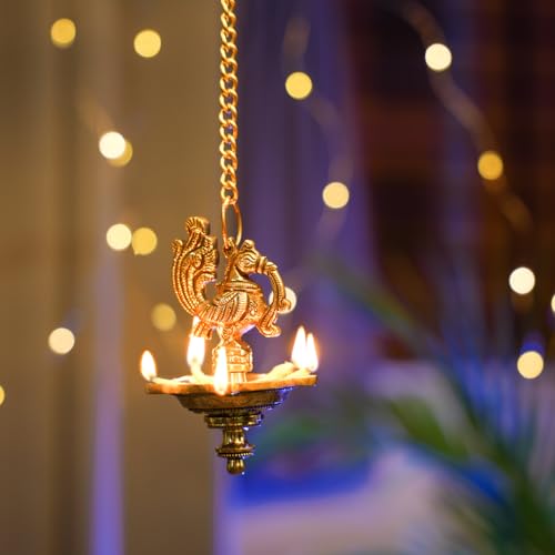 Brass Hanging Diya with Ethnic Peacock Design | 5 Oil Wick | Antique Finish