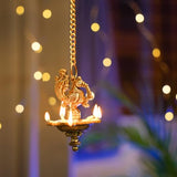 Brass Hanging Diya with Ethnic Peacock Design | 5 Oil Wick | Antique Finish
