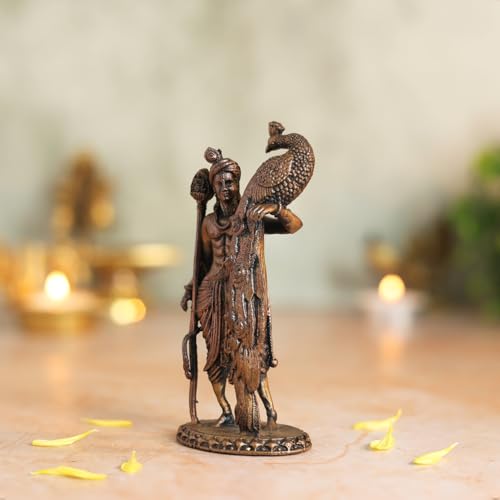 Lord Kartikeya Idol with Peacock | Antique Brass Finish