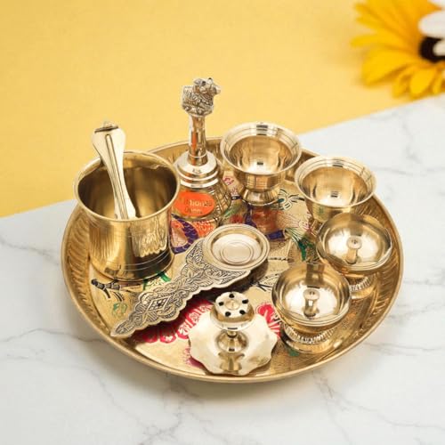 Multicolor Enamel Brass Puja Thali Set | 8 Pcs Pooja Plate with Diya, Bell, Kalash, Bowls & Spoon