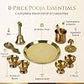 8-Inch Pure Brass Pooja Thali Set with Diyas, kumkum bowls, Aarti stand, Panchpatra with spoon, Karpoor aarti and Bell