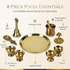 8-Inch Pure Brass Pooja Thali Set with Diyas, kumkum bowls, Aarti stand, Panchpatra with spoon, Karpoor aarti and Bell