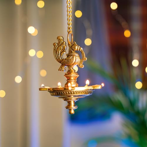 Brass Peacock Hanging Diya | 5-Wick | Antique Finish | Pack of 1