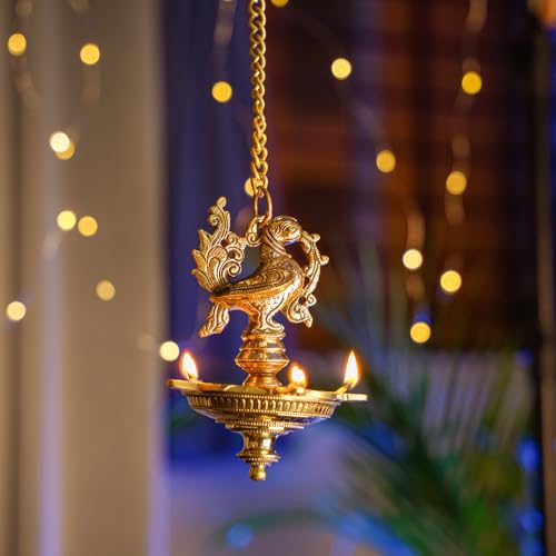 Brass Hanging Diya – Ethnic Peacock Design with 5 Oil Wicks (Medium, Pack of 1)