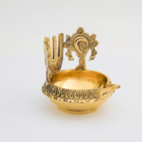 Brass Pooja Diya with Shankh Chakra & Namam | Handcrafted Golden Finish