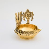 Brass Pooja Diya with Shankh Chakra & Namam | Handcrafted Golden Finish