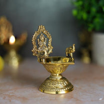 Brass Lakshmi Deepam | Gold Polish Oil Lamp with Goddess Lakshmi Design