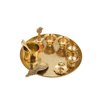 Engraved Brass Puja Thali Set | 8 Pcs Traditional Pooja Plate with Floral Design, Kalash, Diya, Bell, Spoon & Bowls