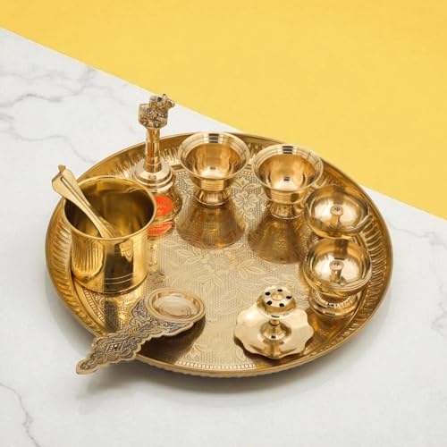 Engraved Brass Puja Thali Set | 8 Pcs Traditional Pooja Plate with Floral Design, Kalash, Diya, Bell, Spoon & Bowls